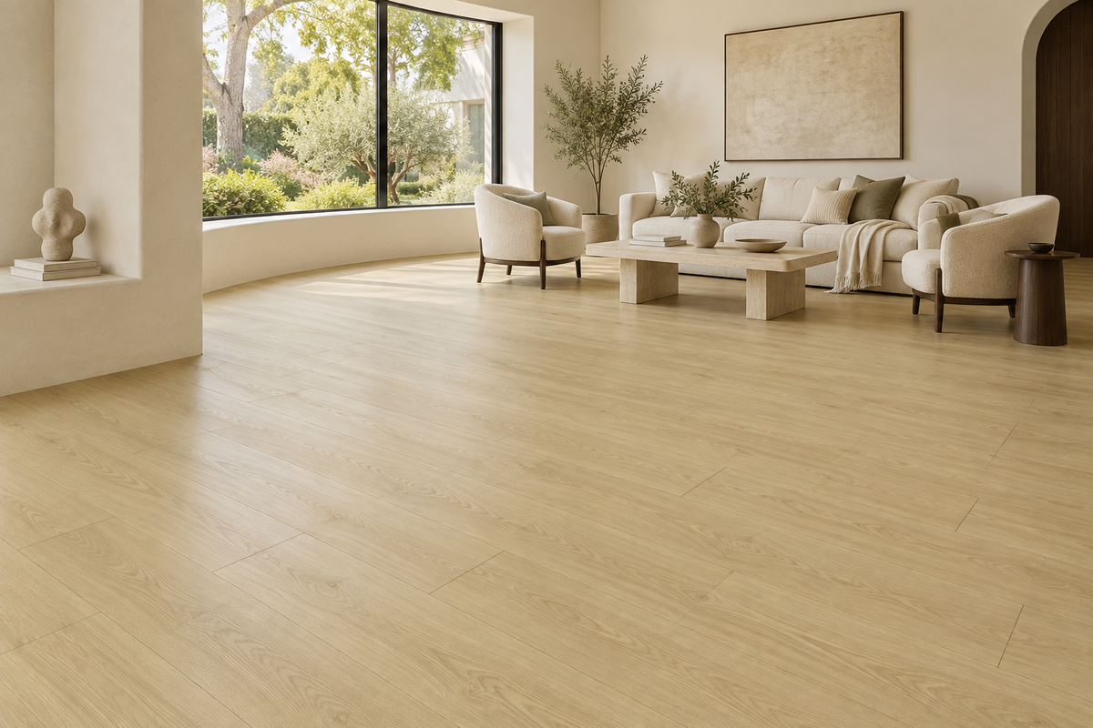 Caribou Laminate Flooring — TF8303-F — daytime living room. AI interior visualization based on original supplier finish photos.
