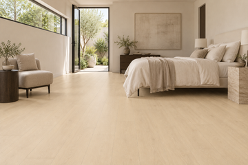 Ferret Laminate Flooring — TF8308-F — daytime bedroom. AI interior visualization based on original supplier finish photos.