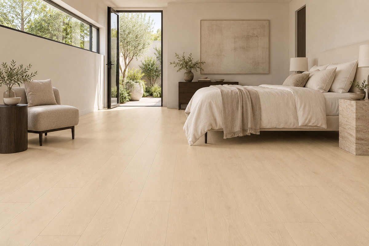 Ferret Laminate Flooring — TF8308-F — daytime bedroom. AI interior visualization based on original supplier finish photos.