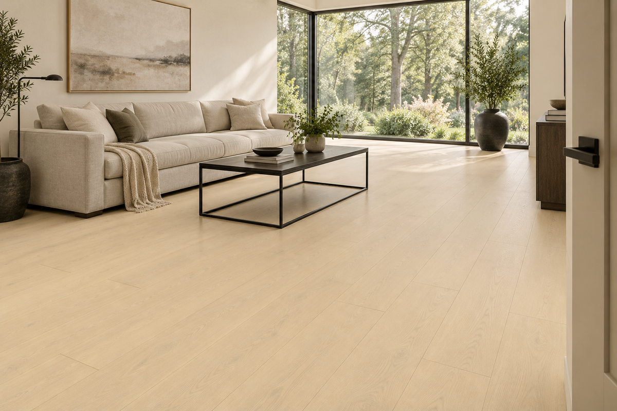 Ferret Laminate Flooring — TF8308-F — daytime living room. AI interior visualization based on original supplier finish photos.