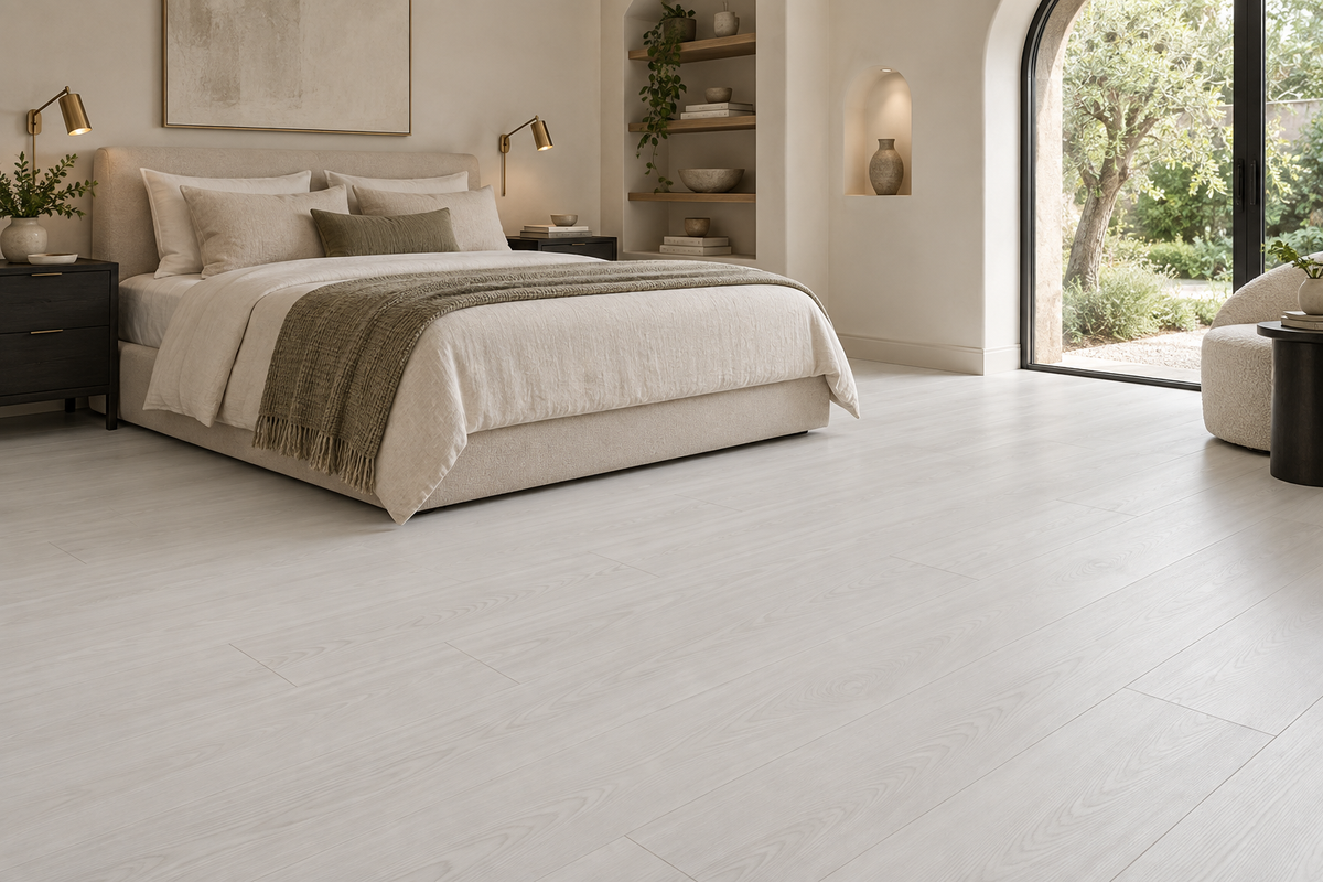 Walrus Laminate Flooring — TF8310-F — daytime bedroom. AI interior visualization based on original supplier finish photos.