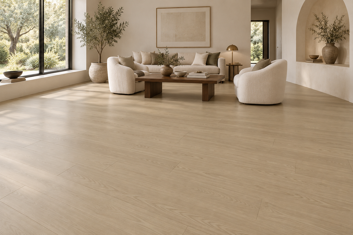 Chipmunk Laminate Flooring — TF8311-F — daytime living room. AI interior visualization based on original supplier finish photos.