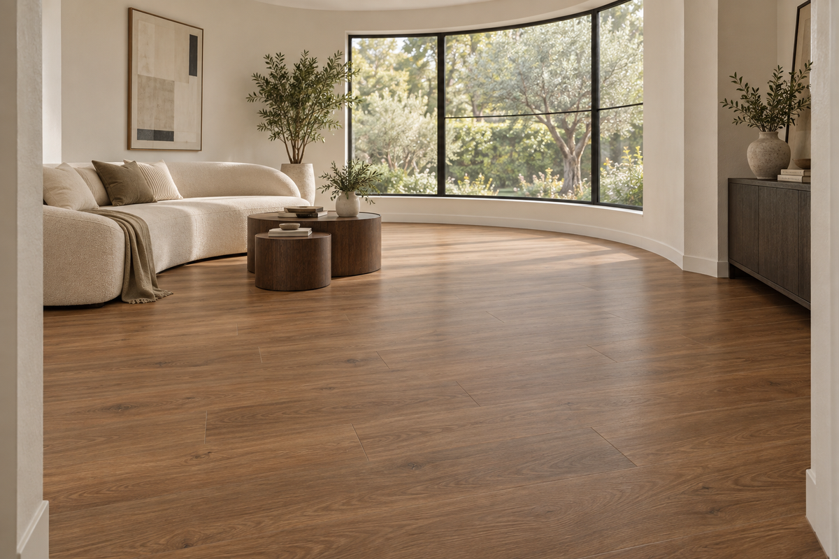 Archon SPC Vinyl Flooring — TFCET1001-F — daytime living room. AI interior visualization based on original supplier finish photos.