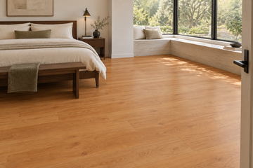 Ignis SPC Vinyl Flooring — TFCET1002-F — daytime bedroom. AI interior visualization based on original supplier finish photos.