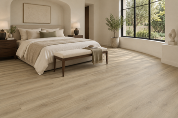Synrgy SPC Vinyl Flooring — TFCET1007-F — daytime bedroom. AI interior visualization based on original supplier finish photos.