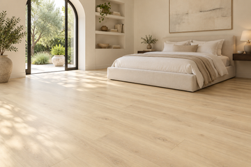 Linea SPC Vinyl Flooring — TFCET1008-F — daytime bedroom. AI interior visualization based on original supplier finish photos.