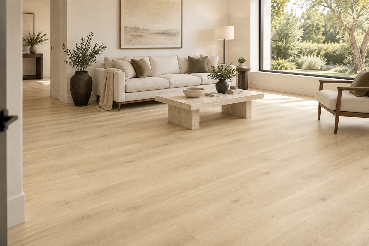 Linea SPC Vinyl Flooring — TFCET1008-F — daytime living room. AI interior visualization based on original supplier finish photos.