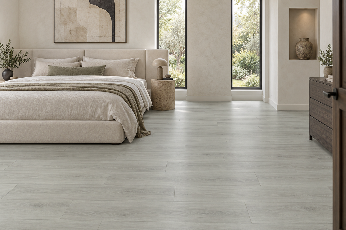 Ascend SPC Vinyl Flooring — TFCET1010-F — daytime bedroom. AI interior visualization based on original supplier finish photos.