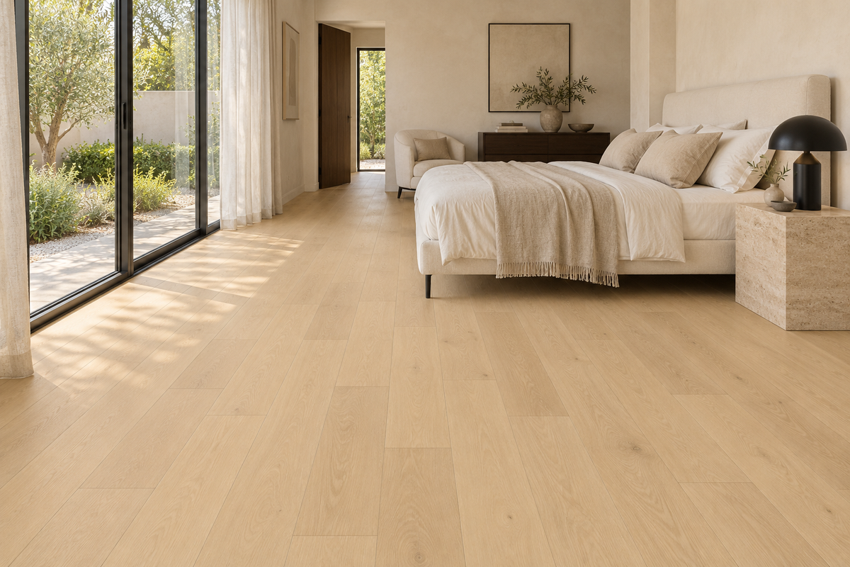 Madera SPC Vinyl Flooring — TFCET1011-F — daytime bedroom. AI interior visualization based on original supplier finish photos.