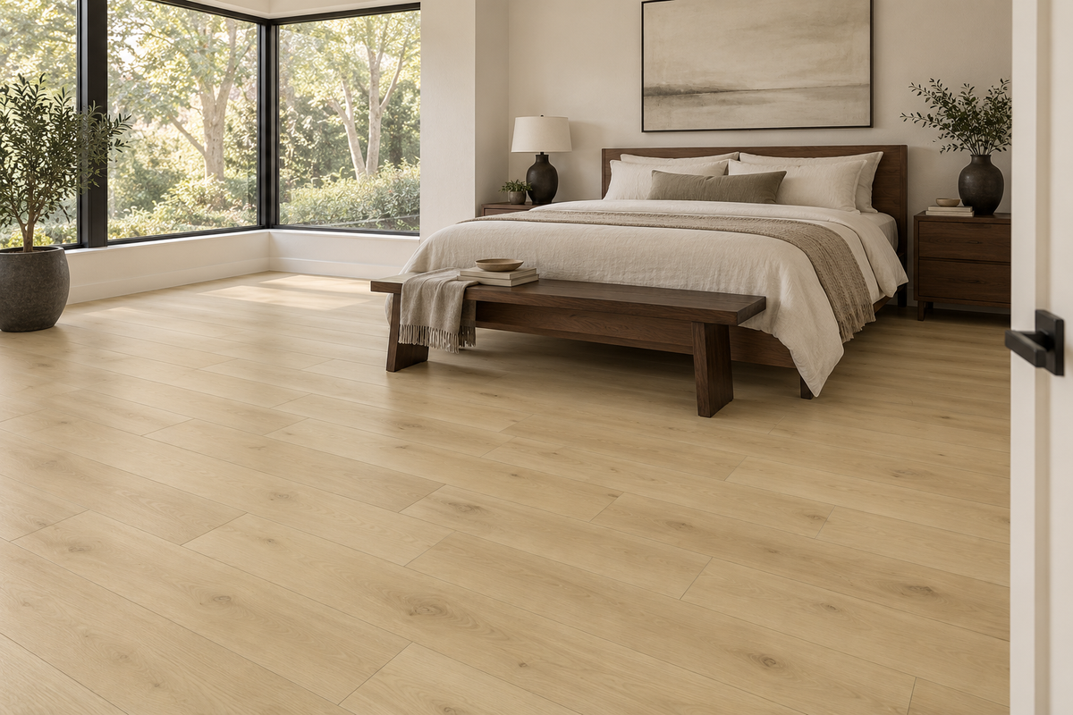 Axios SPC Vinyl Flooring — TFCET1012-F — daytime bedroom. AI interior visualization based on original supplier finish photos.
