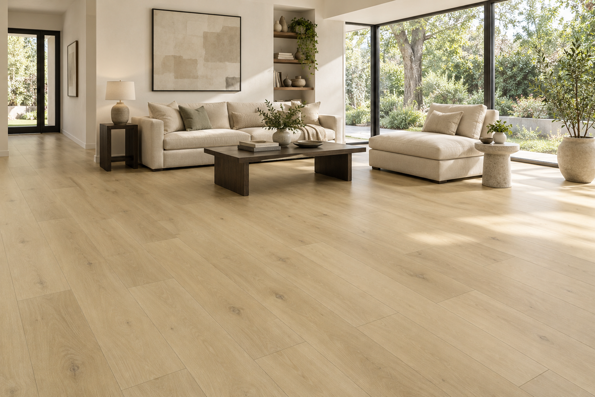 Axios SPC Vinyl Flooring — TFCET1012-F — daytime living room. AI interior visualization based on original supplier finish photos.