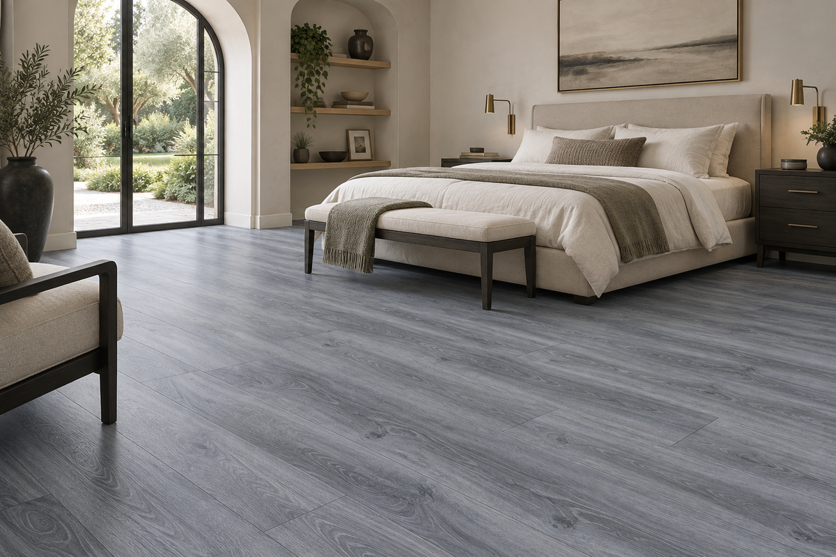 Toucan TFGD 204 Glue-Down Vinyl Flooring — TFGD 204 — daytime bedroom. AI interior visualization based on original supplier finish photos.