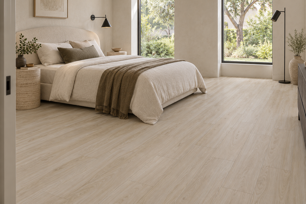 Toucan TFGD 208 Glue-Down Vinyl Flooring — TFGD 208 — daytime bedroom. AI interior visualization based on original supplier finish photos.