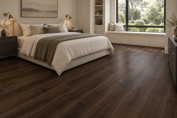 Espresso Cedar Loose Lay Vinyl Flooring — TFL621 — daytime bedroom. AI interior visualization based on original supplier finish photos.