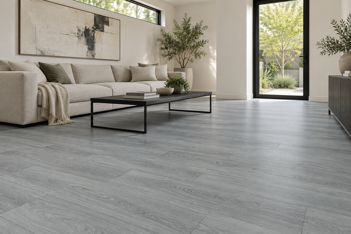Northern Fog Loose Lay Vinyl Flooring — TFL623 — daytime living room. AI interior visualization based on original supplier finish photos.