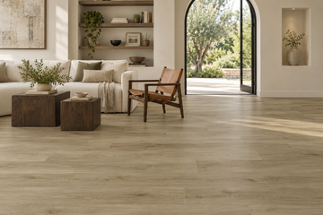 Prairie Wheat Loose Lay Vinyl Flooring — TFL626 — daytime living room. AI interior visualization based on original supplier finish photos.