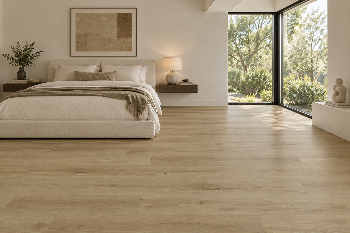 Honey Birch Loose Lay Vinyl Flooring — TFL627 — daytime bedroom. AI interior visualization based on original supplier finish photos.