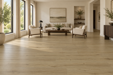 Honey Birch Loose Lay Vinyl Flooring — TFL627 — daytime living room. AI interior visualization based on original supplier finish photos.