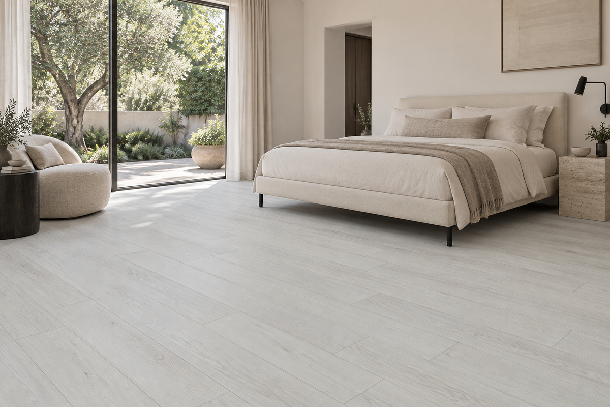 New Tusk SPC Vinyl Flooring — TFSPC262-F — daytime bedroom. AI interior visualization based on original supplier finish photos.
