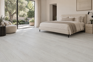 New Tusk SPC Vinyl Flooring — TFSPC262-F — daytime bedroom. AI interior visualization based on original supplier finish photos.