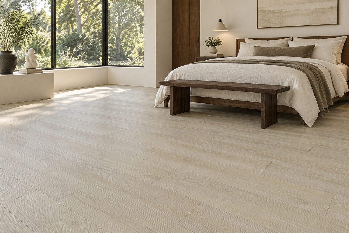 Barley SPC Vinyl Flooring — TFSPC263-F — daytime bedroom. AI interior visualization based on original supplier finish photos.