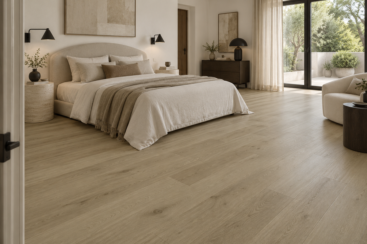 Nude SPC Vinyl Flooring — TFSPC312-F — daytime bedroom. AI interior visualization based on original supplier finish photos.