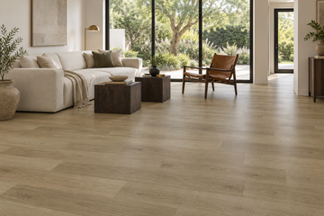 Nude SPC Vinyl Flooring — TFSPC312-F — daytime living room. AI interior visualization based on original supplier finish photos.