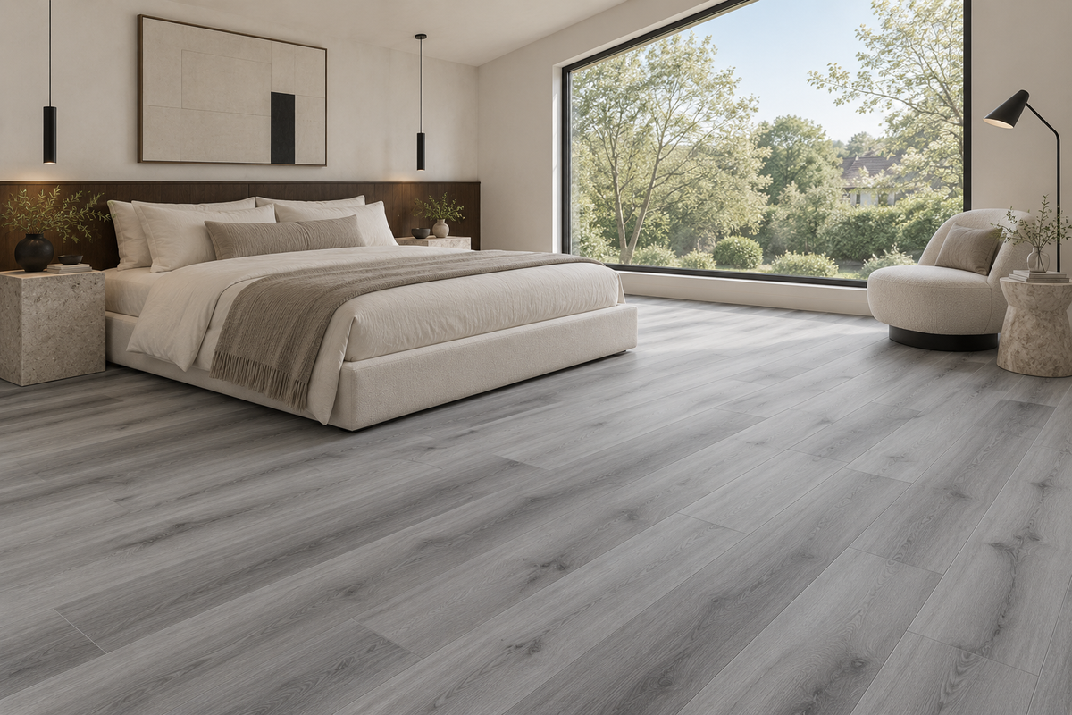 Monolith SPC Vinyl Flooring — TFSPC504-F — daytime bedroom. AI interior visualization based on original supplier finish photos.