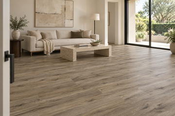 Treehouse SPC Vinyl Flooring — TFSPC505-F — daytime living room. AI interior visualization based on original supplier finish photos.