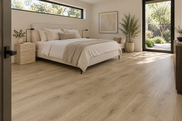Fawn SPC Vinyl Flooring — TFSPC506-F — daytime bedroom. AI interior visualization based on original supplier finish photos.