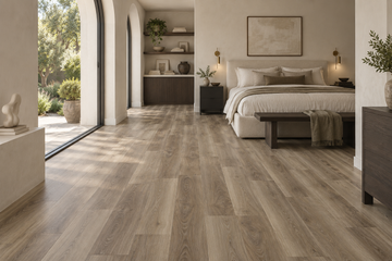 Milk Chai SPC Vinyl Flooring — TFSPC508-F — daytime bedroom. AI interior visualization based on original supplier finish photos.