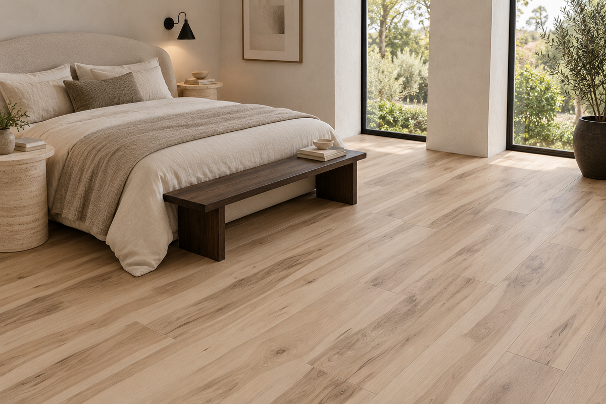 Cali Bluffs SPC Vinyl Flooring — TFSPC510-F — daytime bedroom. AI interior visualization based on original supplier finish photos.