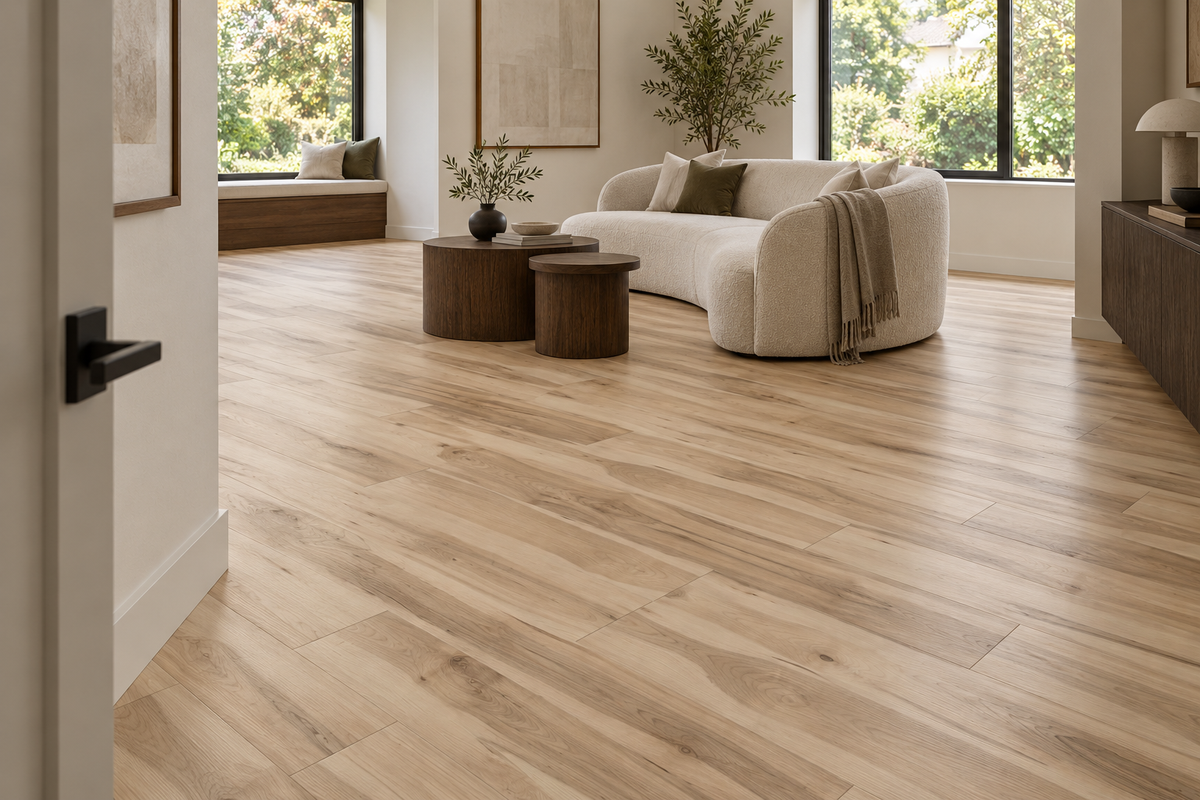 Cali Bluffs SPC Vinyl Flooring — TFSPC510-F — daytime living room. AI interior visualization based on original supplier finish photos.