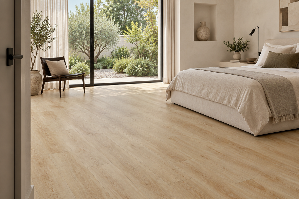 Golden Hour SPC Vinyl Flooring — TFSPC511-F — daytime bedroom. AI interior visualization based on original supplier finish photos.