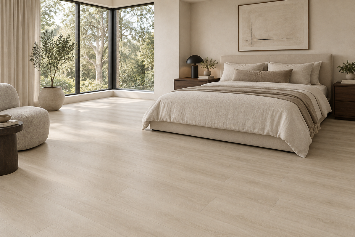 Boho Beige SPC Vinyl Flooring — TFSPC512-F — daytime bedroom. AI interior visualization based on original supplier finish photos.