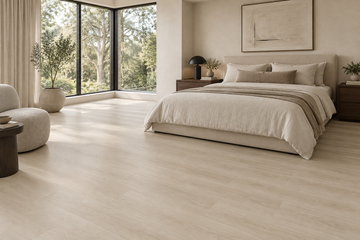 Boho Beige SPC Vinyl Flooring — TFSPC512-F — daytime bedroom. AI interior visualization based on original supplier finish photos.
