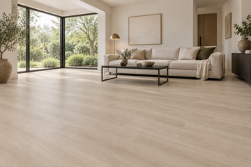 Boho Beige SPC Vinyl Flooring — TFSPC512-F — daytime living room. AI interior visualization based on original supplier finish photos.