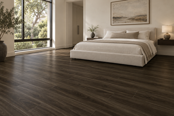 Barcelona SPC Vinyl Flooring — TFSPC601-F — daytime bedroom. AI interior visualization based on original supplier finish photos.