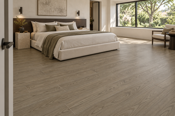Rome SPC Vinyl Flooring — TFSPC602-F — daytime bedroom. AI interior visualization based on original supplier finish photos.