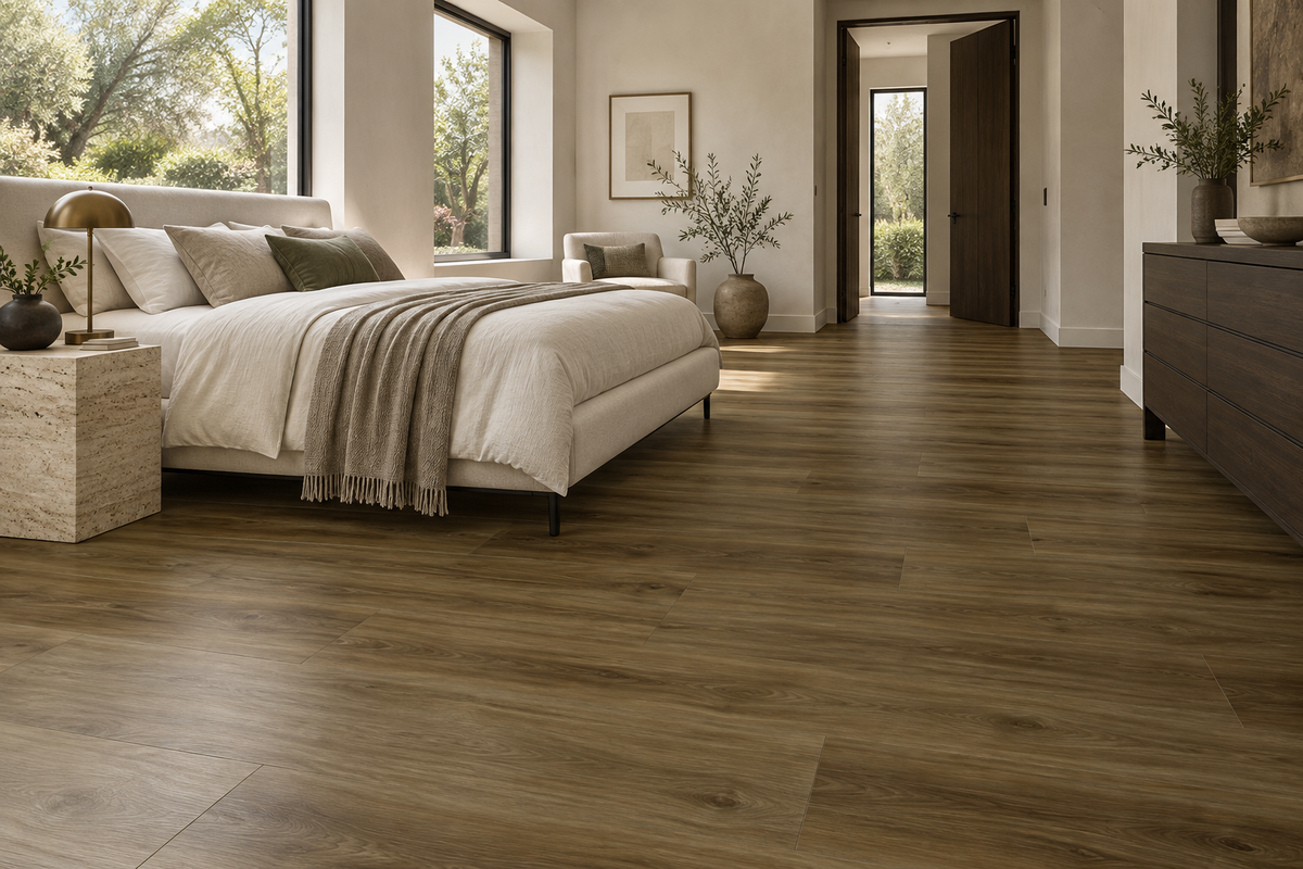 Paris SPC Vinyl Flooring — TFSPC604-F — daytime bedroom. AI interior visualization based on original supplier finish photos.