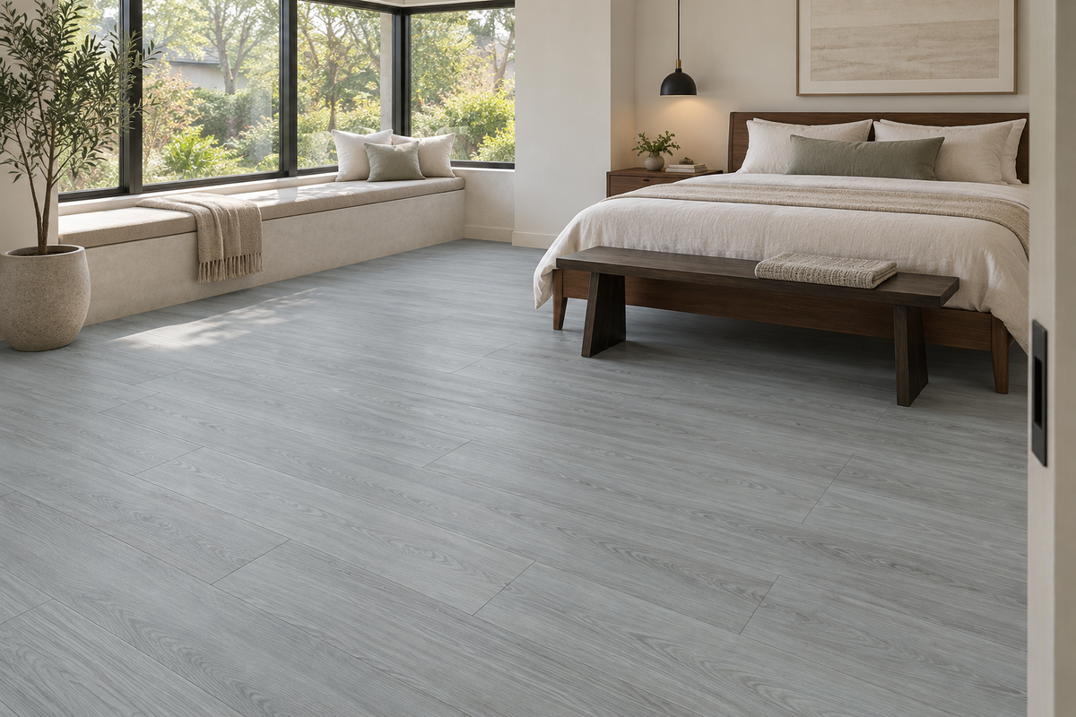 Amsterdam SPC Vinyl Flooring — TFSPC605-F — daytime bedroom. AI interior visualization based on original supplier finish photos.