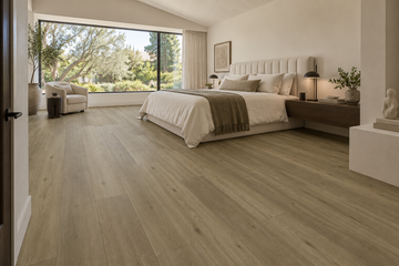Lion SPC Vinyl Flooring — TFSPC607-F — daytime bedroom. AI interior visualization based on original supplier finish photos.