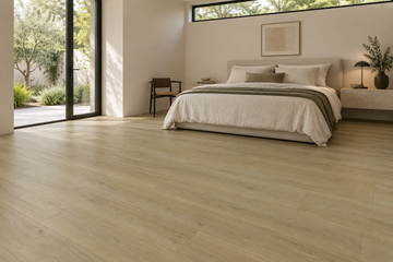 Madrid SPC Vinyl Flooring — TFSPC609-F — daytime bedroom. AI interior visualization based on original supplier finish photos.
