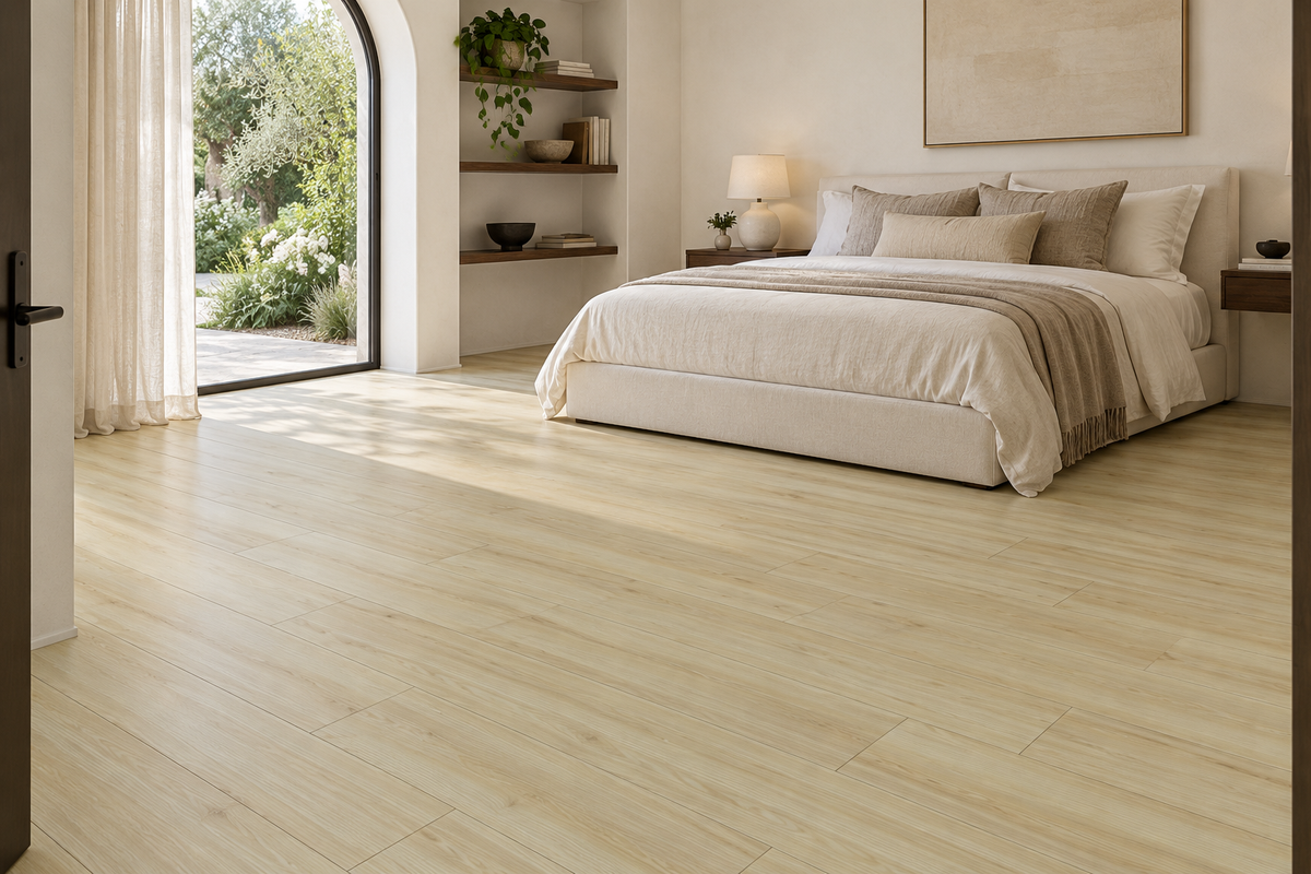Vienna SPC Vinyl Flooring — TFSPC611-F — daytime bedroom. AI interior visualization based on original supplier finish photos.