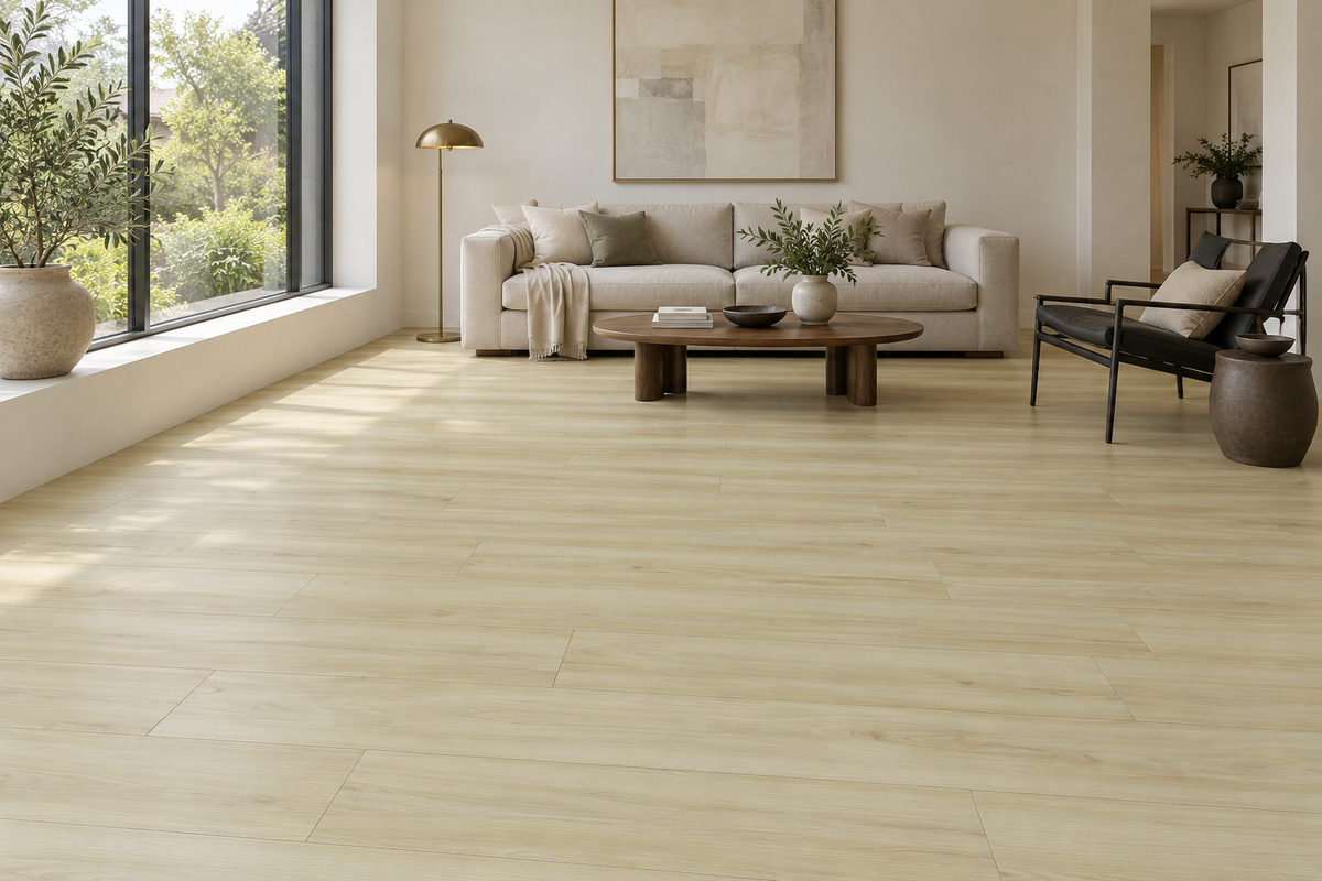 Vienna SPC Vinyl Flooring — TFSPC611-F — daytime living room. AI interior visualization based on original supplier finish photos.