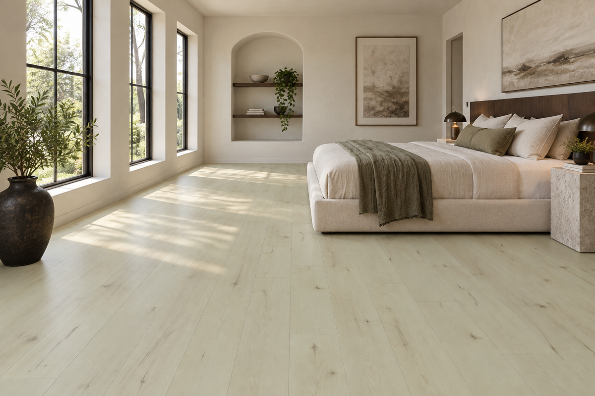 Belgrade SPC Vinyl Flooring — TFSPC612-F — daytime bedroom. AI interior visualization based on original supplier finish photos.