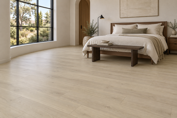 Northern Linen SPC Vinyl Flooring — TFSPC8602-F — daytime bedroom. AI interior visualization based on original supplier finish photos.