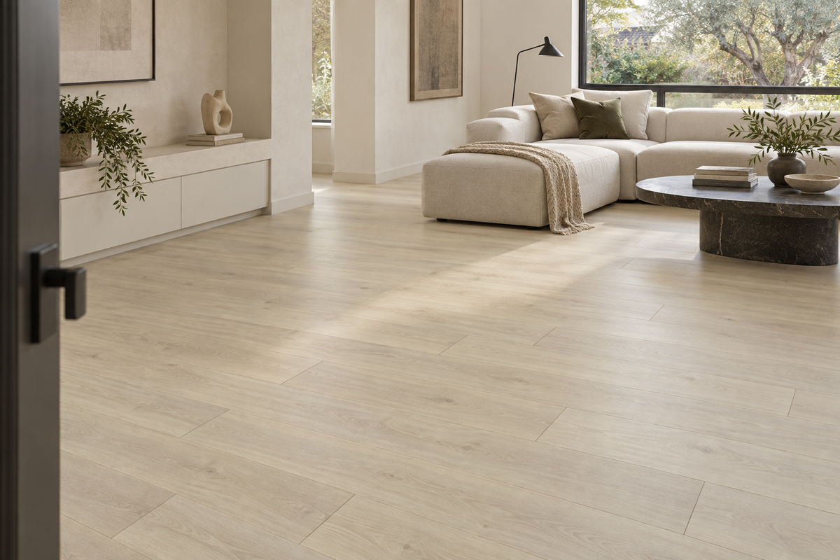 Northern Linen SPC Vinyl Flooring — TFSPC8602-F — daytime living room. AI interior visualization based on original supplier finish photos.