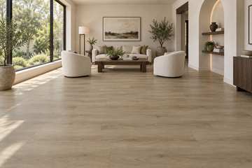 Maple Dusk SPC Vinyl Flooring — TFSPC8604-F — daytime living room. AI interior visualization based on original supplier finish photos.