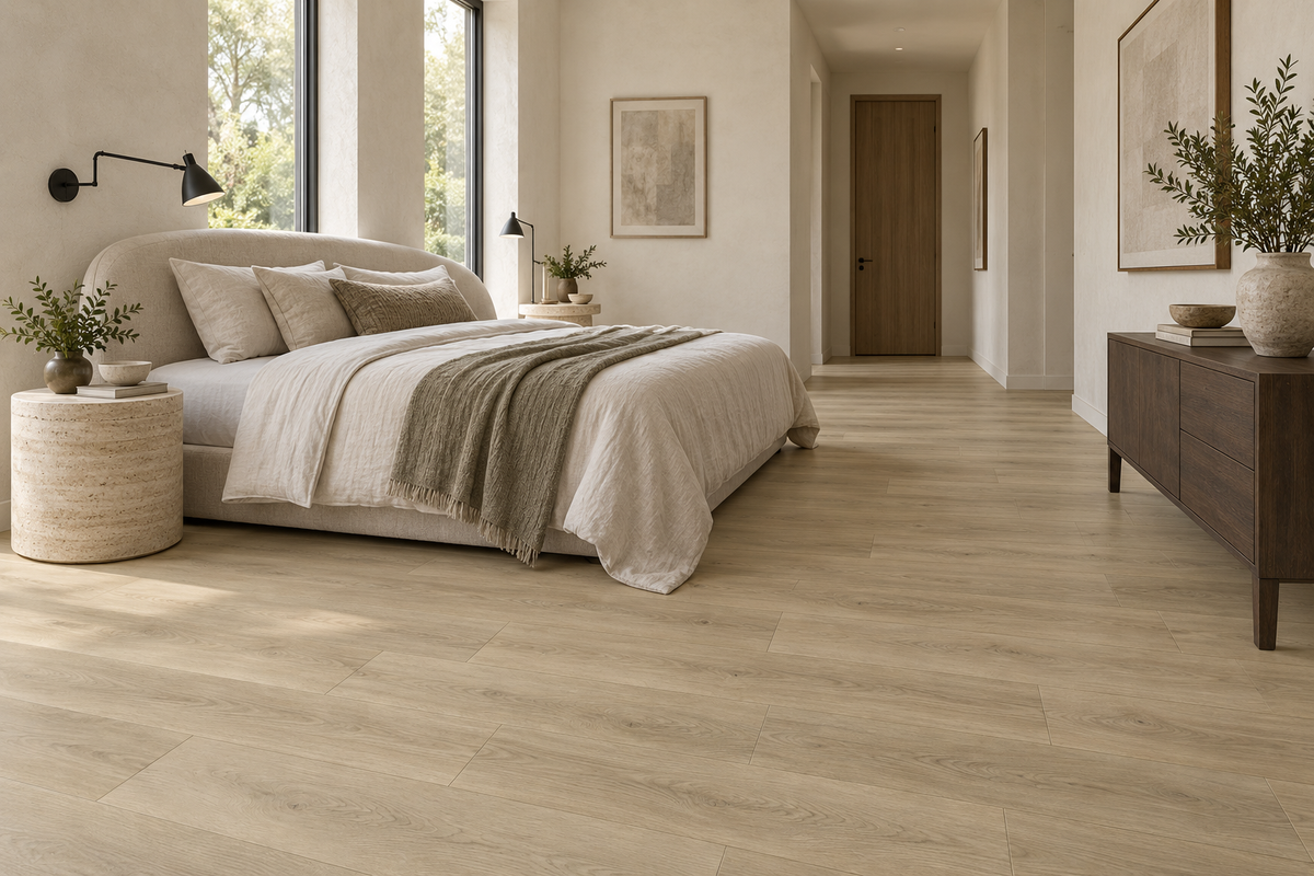 Boreal Light SPC Vinyl Flooring — TFSPC8605-F — daytime bedroom. AI interior visualization based on original supplier finish photos.